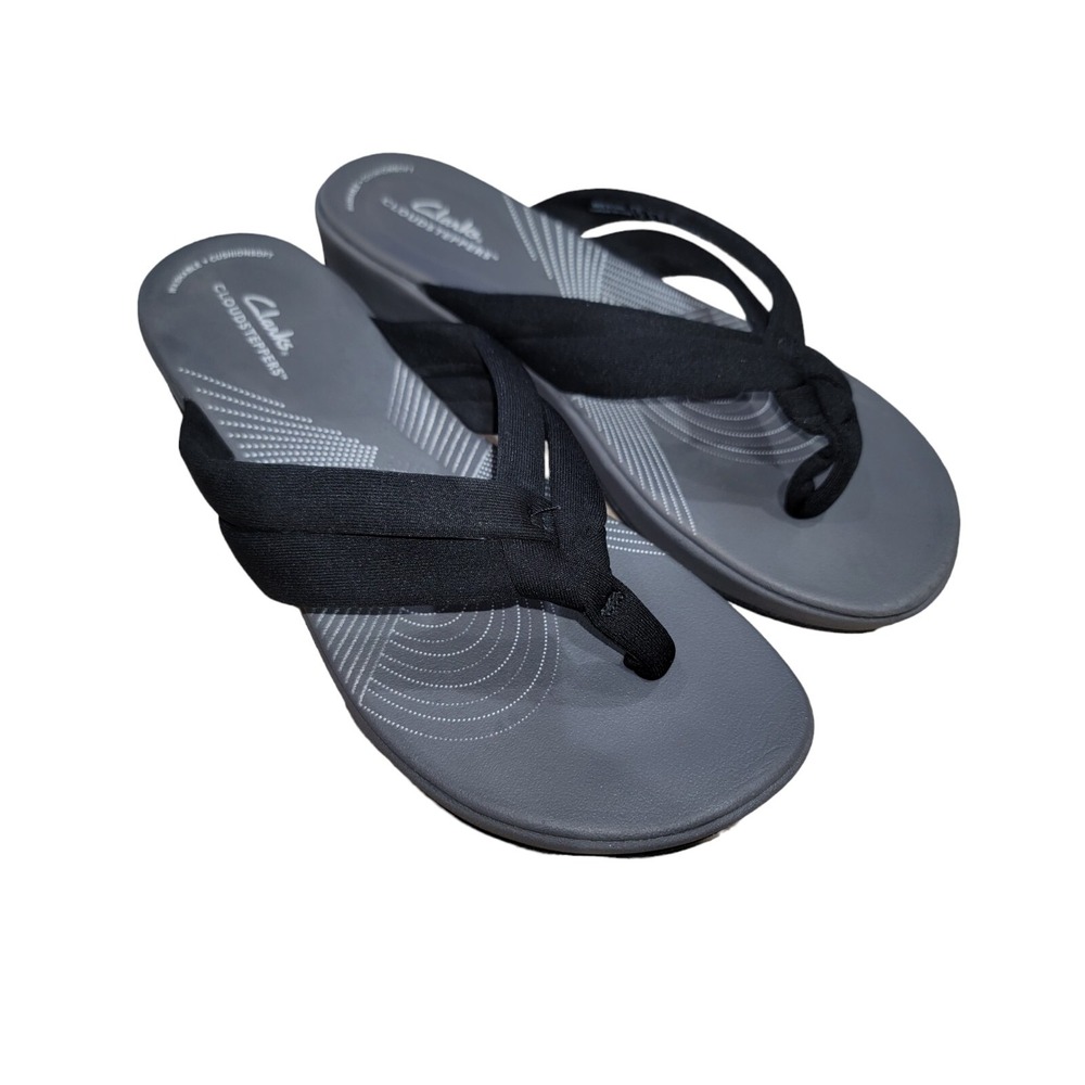 Clarks Cloudsteppers Arla Kaylie Women's Black Gray Comfort Thong Sandals Sz 10